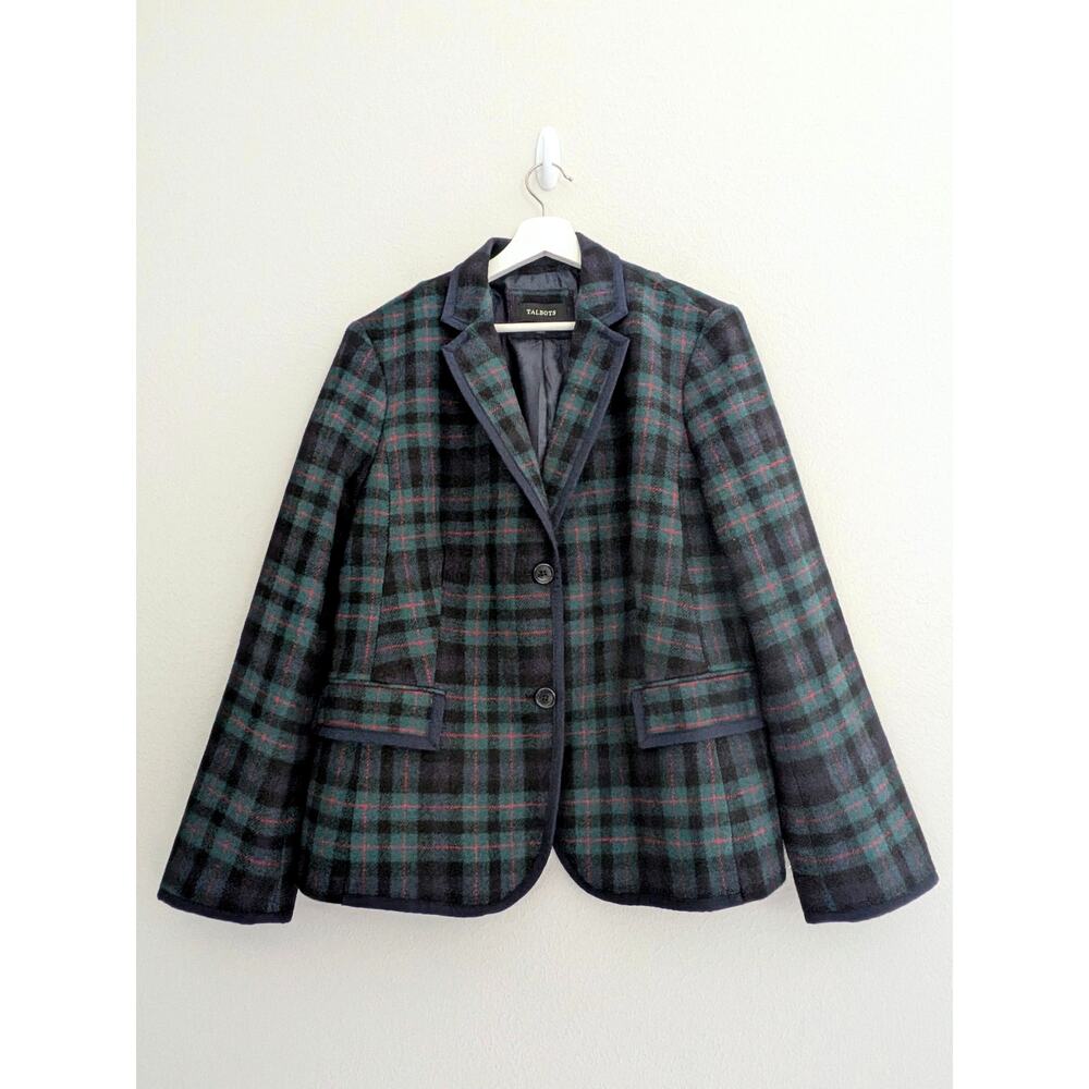 NWOT Talbots Black Watch Tartan Plaid Wool Blazer Jacket Size 16 Green Navy $198